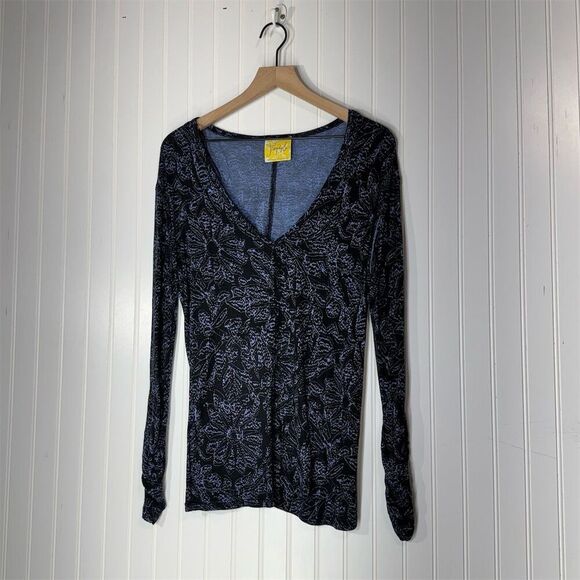 Free People Blue Linen Floral Hi-Low Long Ruched Sleeve Top S Boho Grunge Y2K - Picture 2 of 9